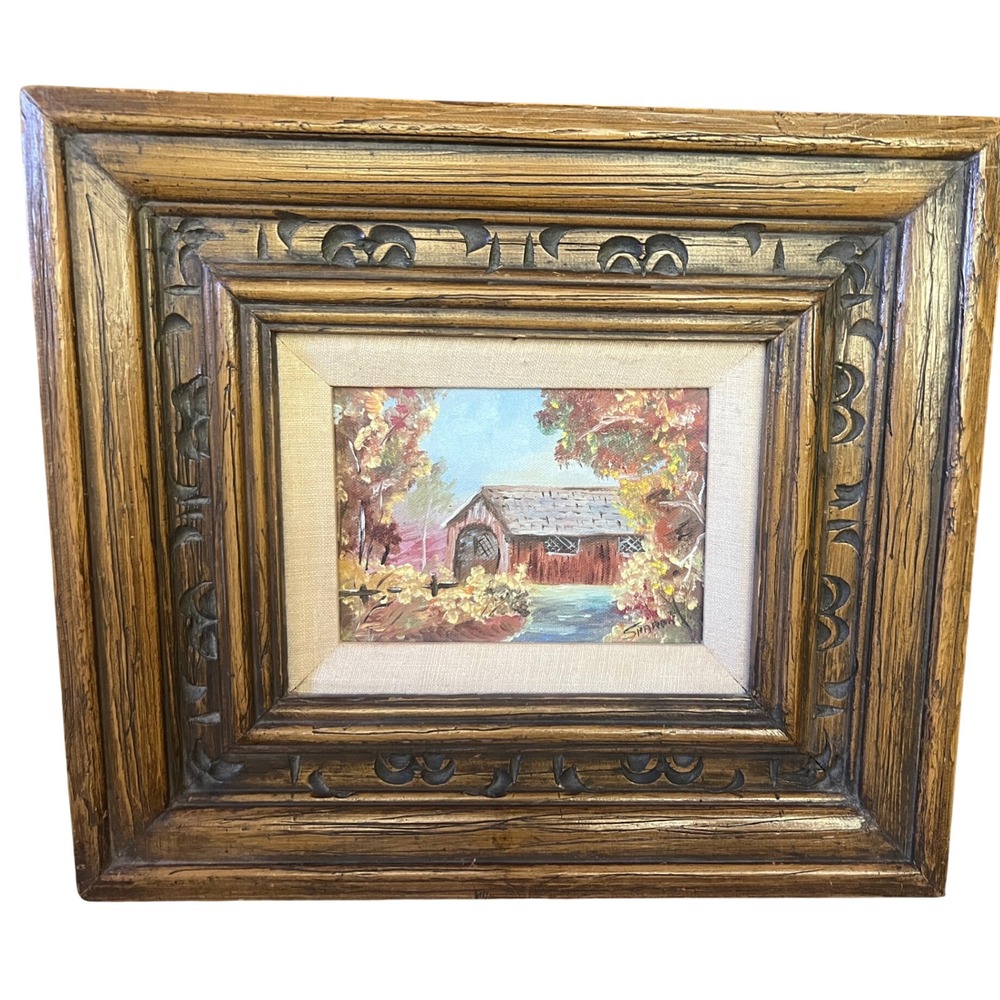 Sharon Signed Original Oil Painting Covered Bridge Landscape Ornate Wood Frame